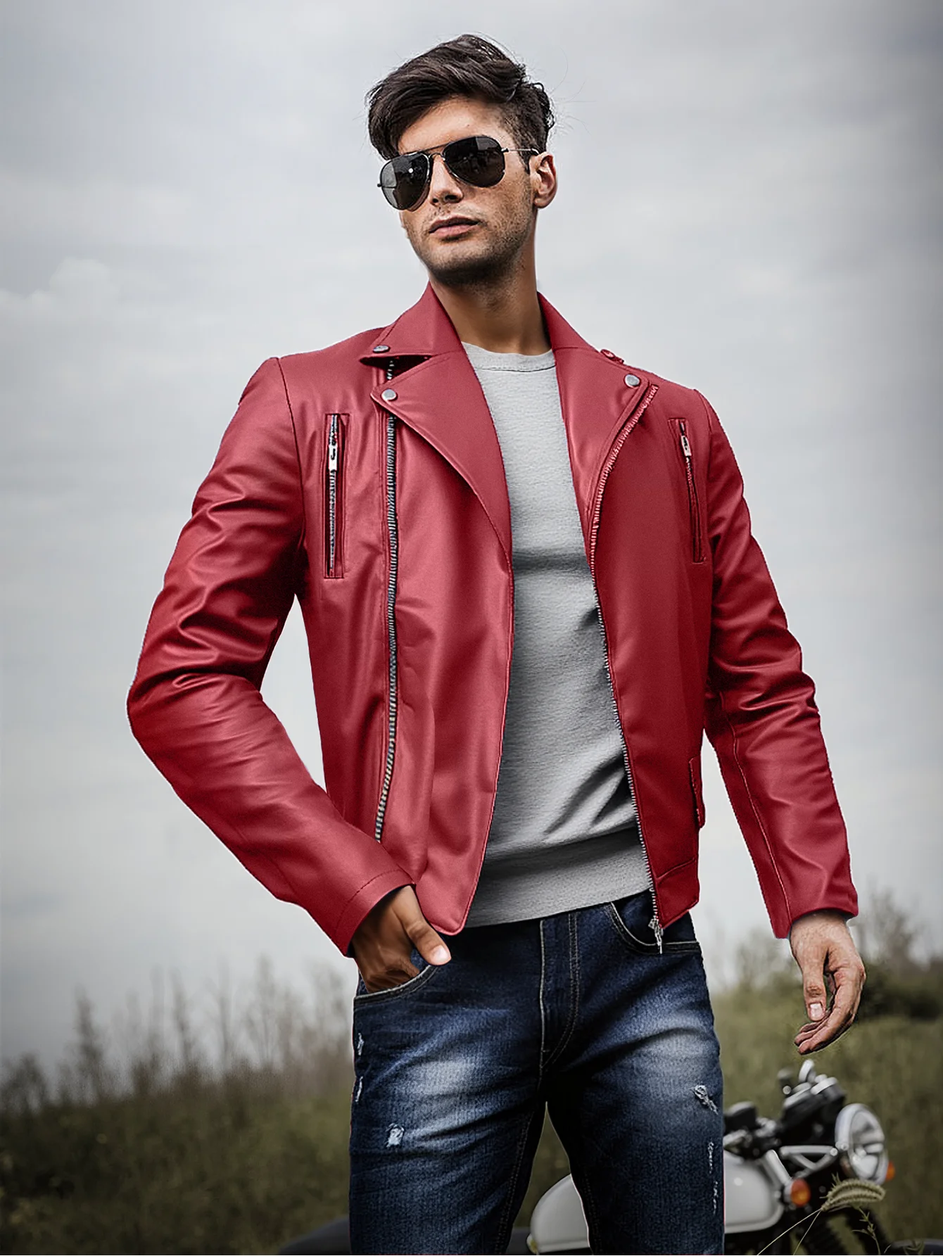 Fashion Leather Coat For Men Notched Lapel Slim Fit Business Casual Blazer Only Jacket