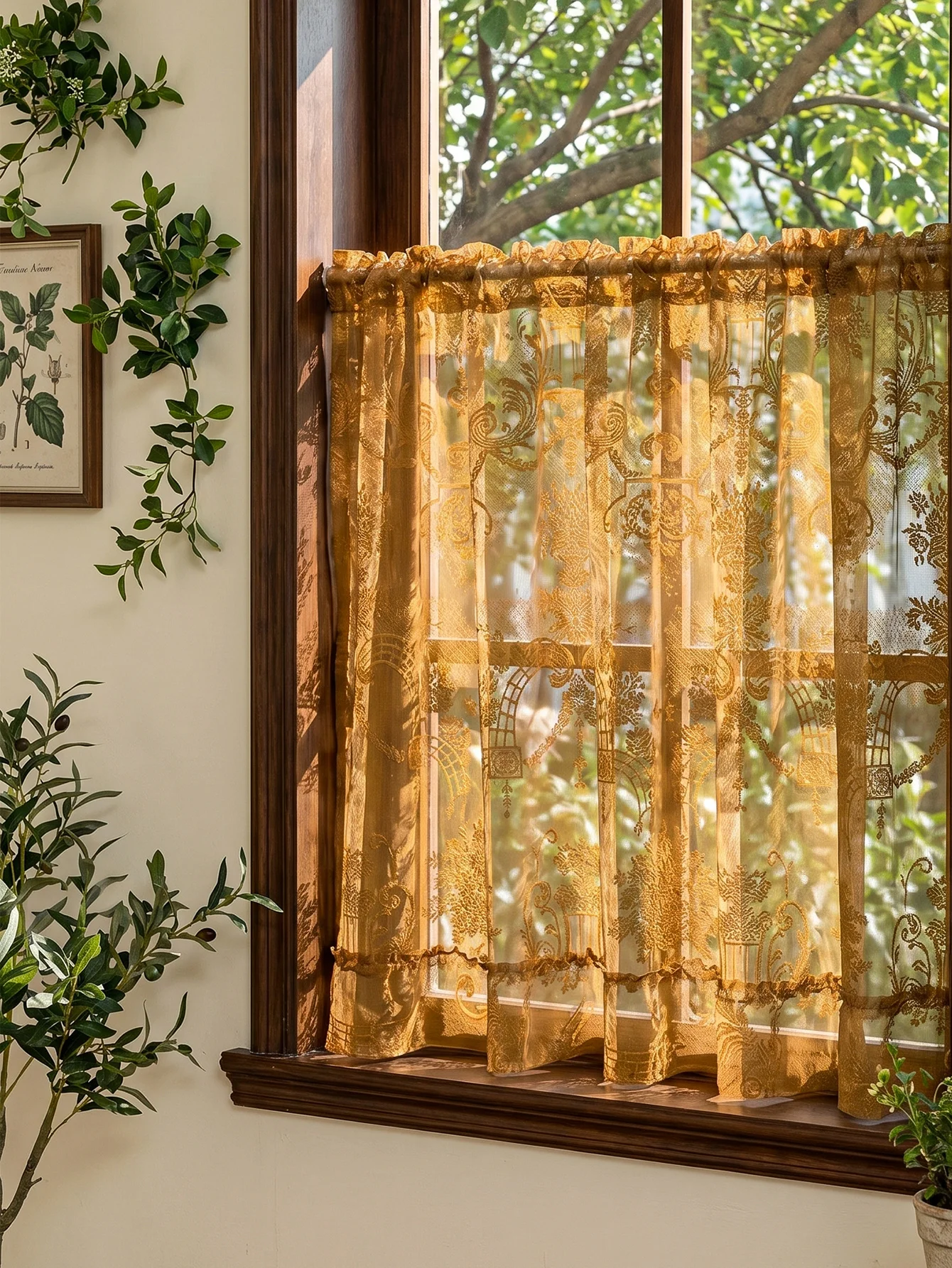Amber Vintage Lace Sheer Valance Curtain, Ornate Floral Embroidery Rod Pocket Short Cafe Curtain for Kitchen, Bathroom
