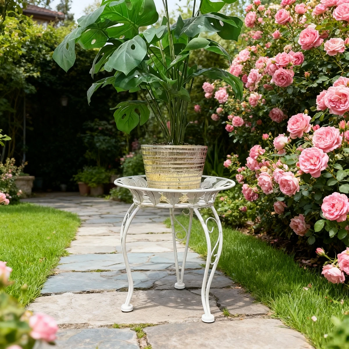 

Antique Ornate Metal Plant Stand, Rustic Leaf Design Flower Table, Vintage Outdoor Side Table for Patio, Garden, Backyard Decor