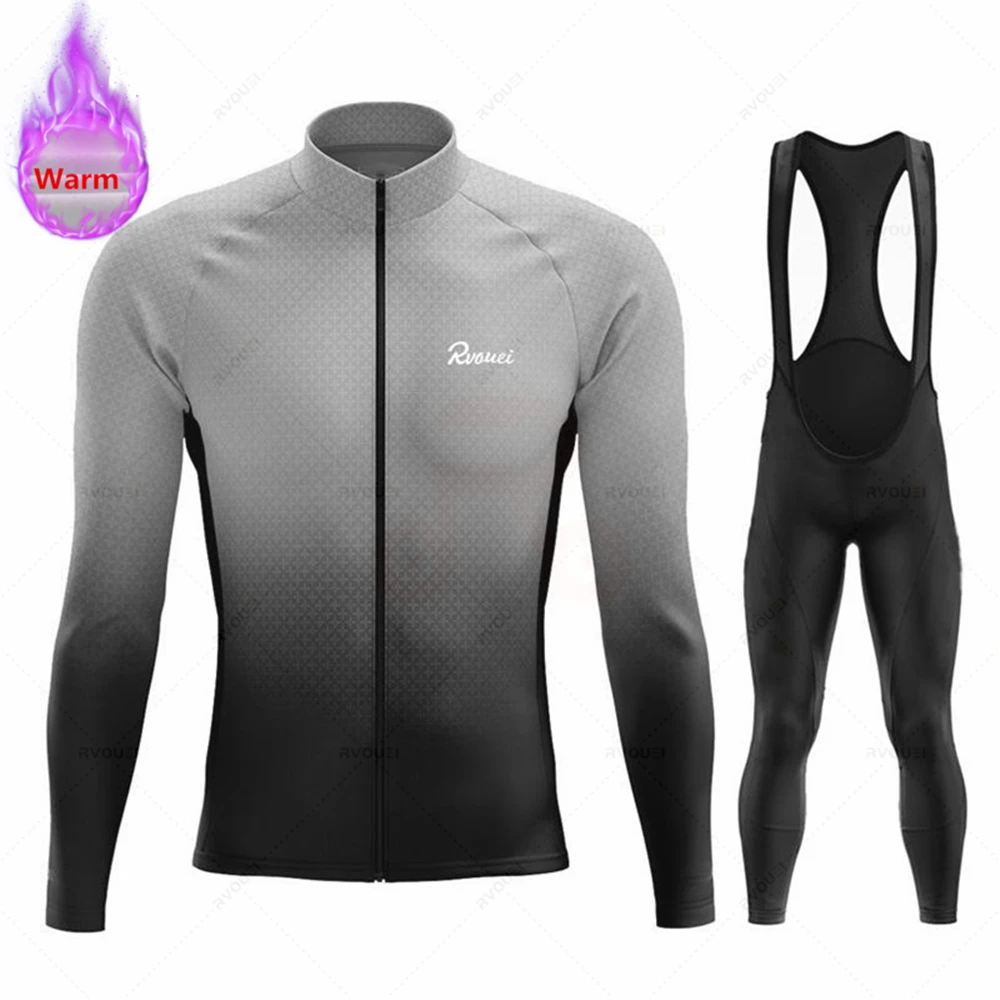 Rvouei Men Winter Long Sleeve Thermal Fleece Cycling Jersey Set Bib Pants Ropa Ciclismo Bicycle Clothing MTB Bike Jersey Uniform