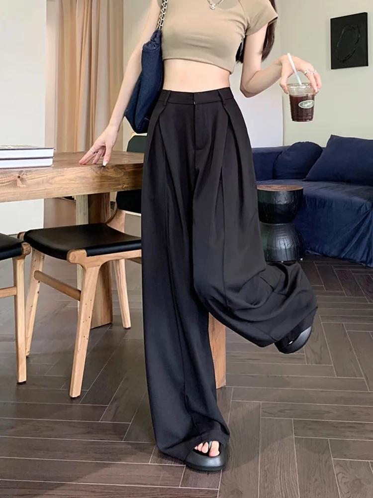 Zoki Casual Women Suit Wide Leg Pants Korean Oversize Loose Office Lady Black Suit Trousers Fashion Design High Waist Pants New