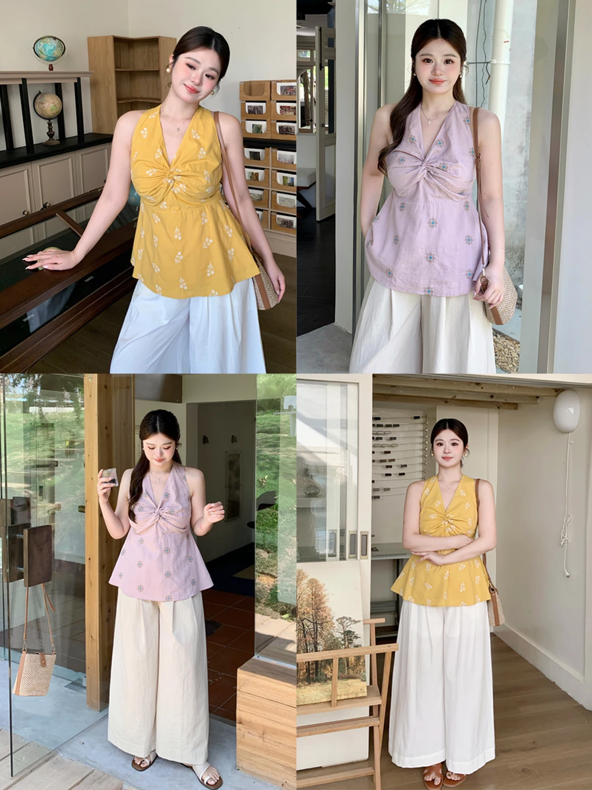 

Vacation Style V-Neck Knot Neck Top Large Size Women's Clothing Loose Fit High Waist Long Pants Floral Embroidery Summer Outfit