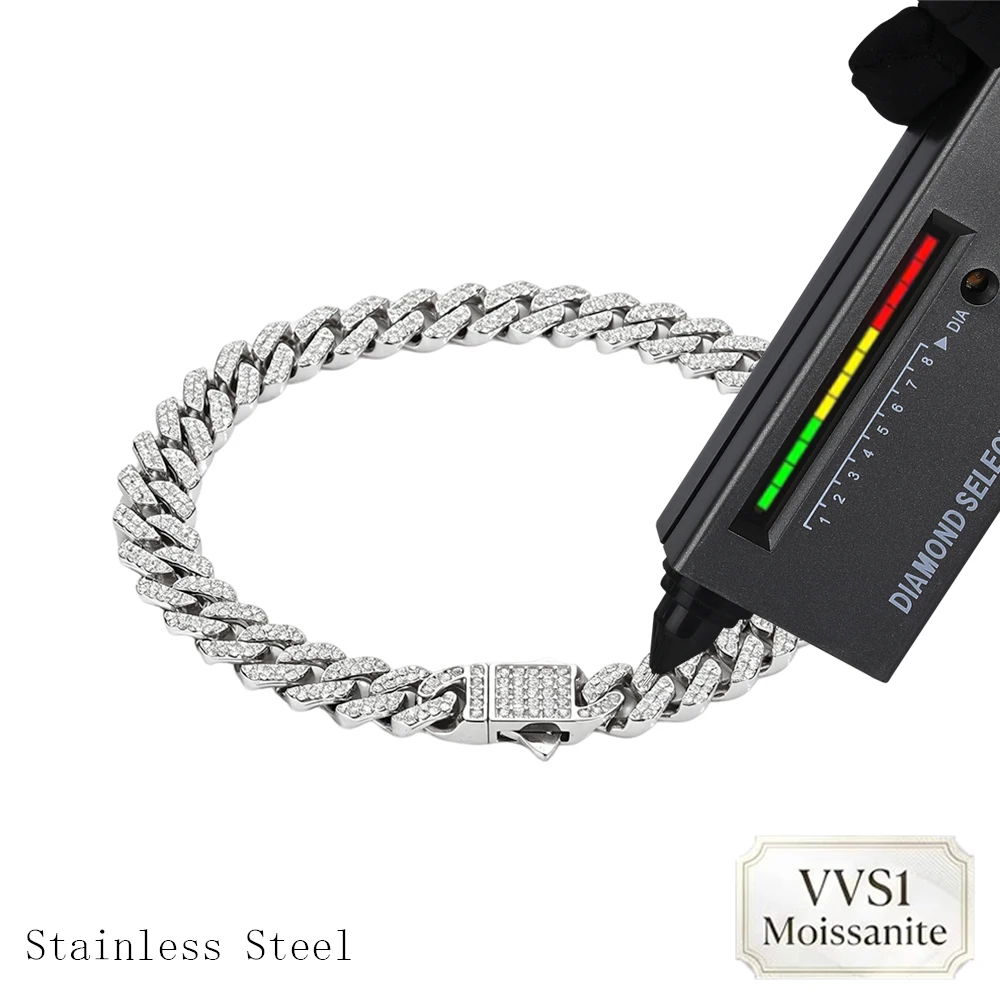 ESKEEM HIPHOP 8MM Width Moissanite Cuban Bracelet Stainless Steel 2 Rows VVS1 Cuban Chain for Men Women with Certificate