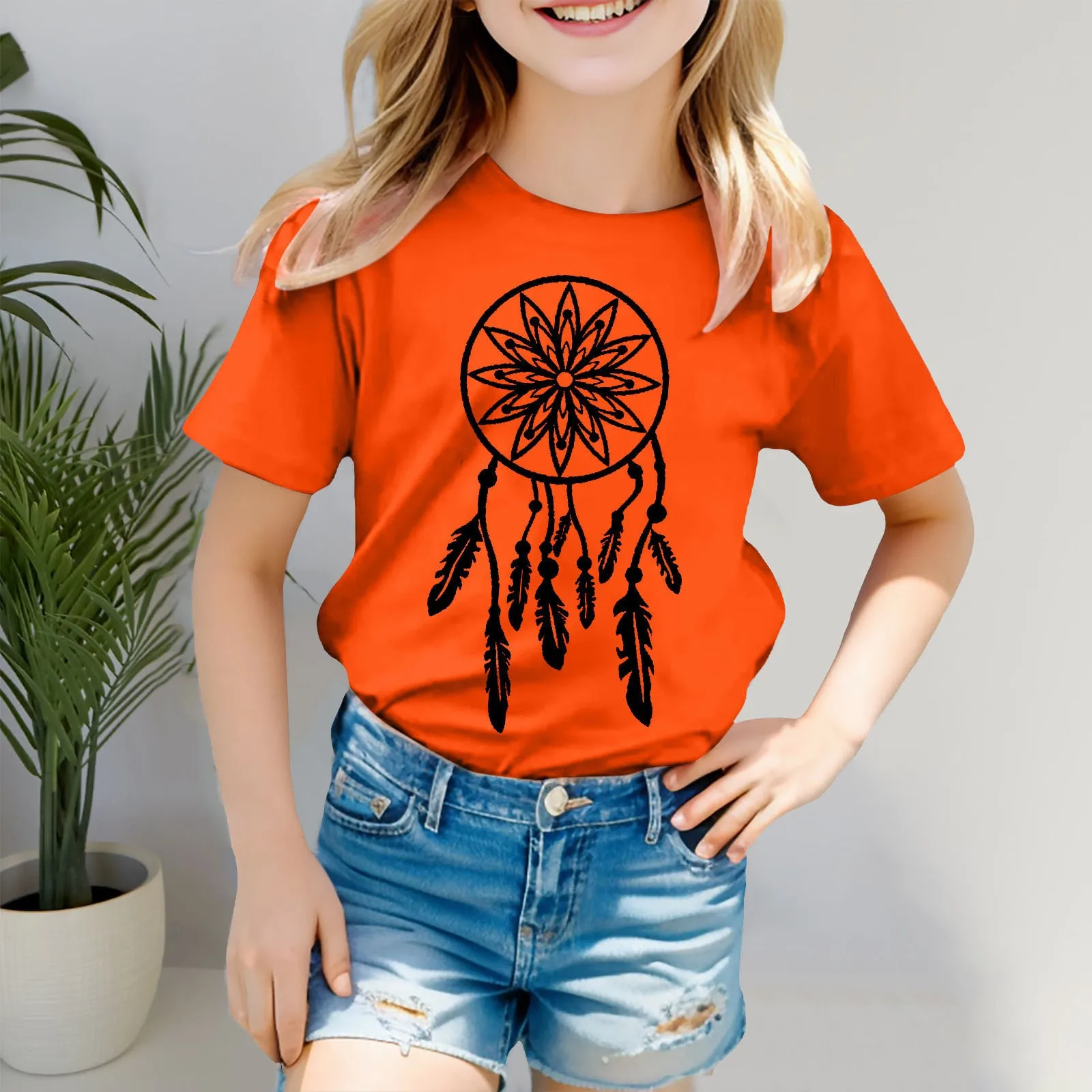 New Coils Graphic Tee Orange Shirt For Kid Girls Short Sleeve Tee Crew Neck T Shirt Casual Fit Basic Shirts Non Sweat Undershirt