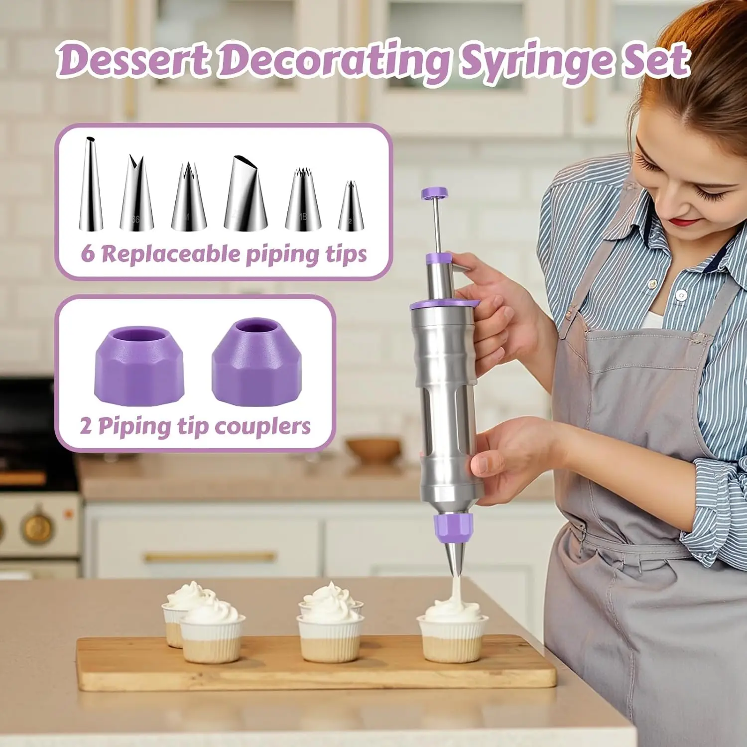 Edelstahl-Glasurpistolen-Set, Dessert-Frosting-Spritzset mit 6 Spritztüllen, Kuchendekorations-Spritzen-Set, Kuchendekorationswerkzeuge