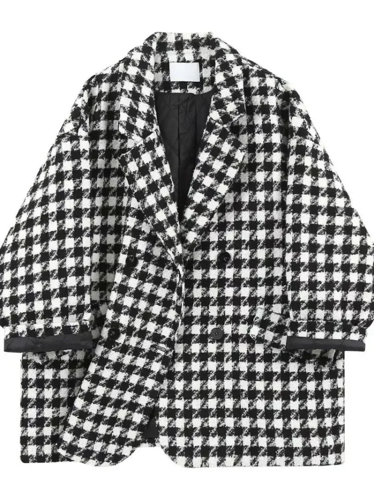 

Thickening Winter Coats Woman 2024 Black White Lattice Patchwork Woolen Coats and Jackets Fashion Warm Add Cotton Women's Coat