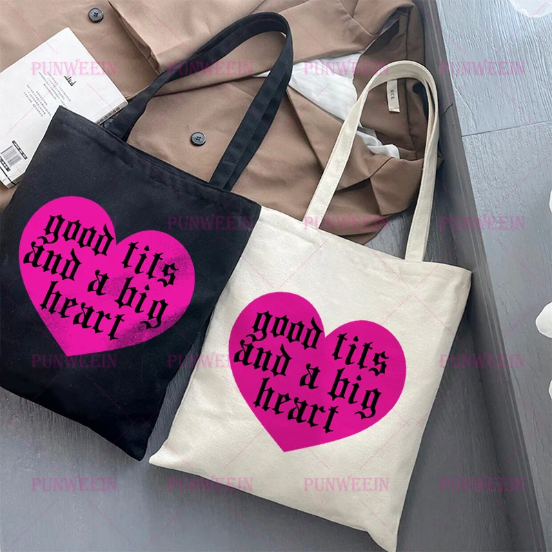 Punk Heart Aesthetic Canvas Bag Streetwear Harajuku Letter Print Handbag Y2K Shopping Bag Vintage Gothic Subculture Shoulder Bag