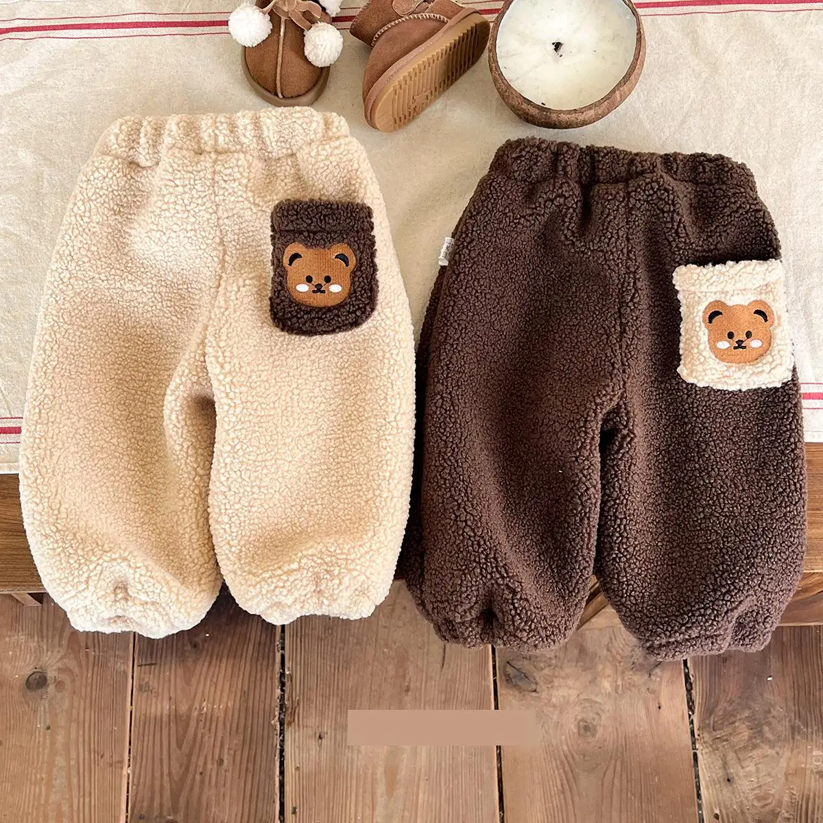 2023 Winter New Baby Fleece Trousers Infant Girls Cute Bear Pocket Warm Pants Toddler Boys Thick Casual Pants Children Clothes