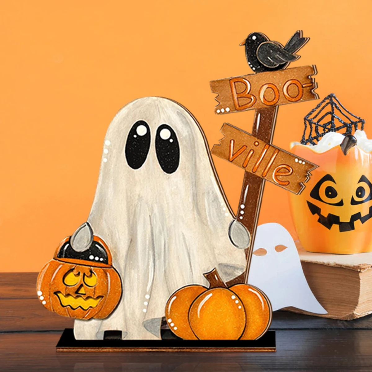 Decoración fantasma de madera de Halloween con cubo de calabaza y letrero "Boo - ville" - Decoración festiva del hogar