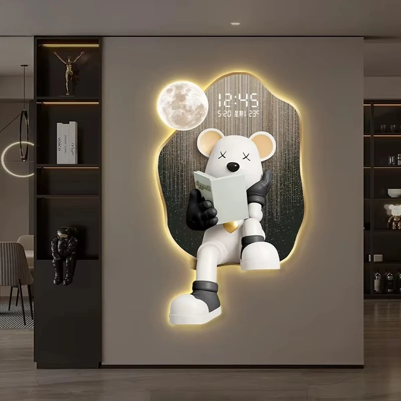 Cream style Art LED Wall Clocks Cartoon Bear Carving Decoration Painting Electron Clock Corridor Mural Lamp Watch Home Decor