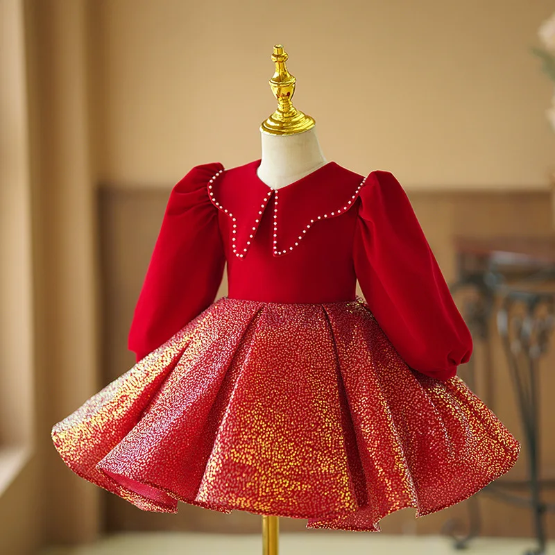 

New Girls Red Evenimg Princess Ball Gown Children Fashion Beaded Long Sleeve Birthday Party Dress g181