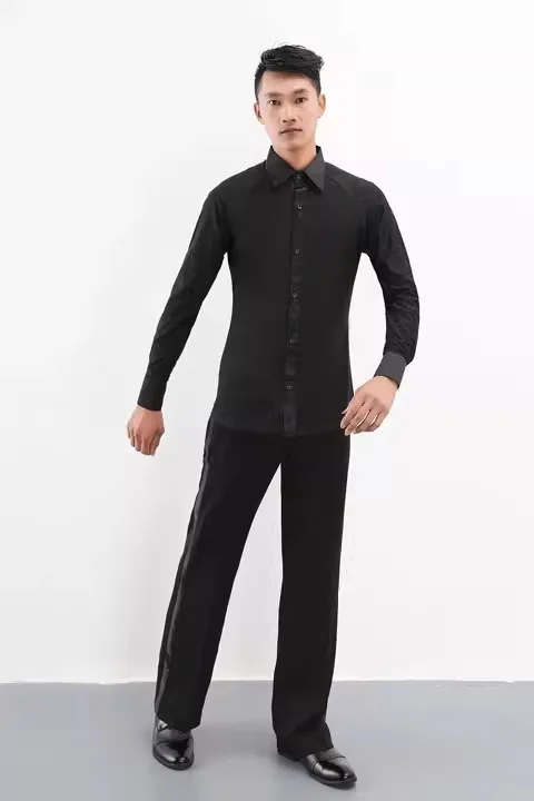 Camisas de dança latina homens cristal algodão manga longa com decote em v prática topos masculino salão cha samba roupas dança dancewear