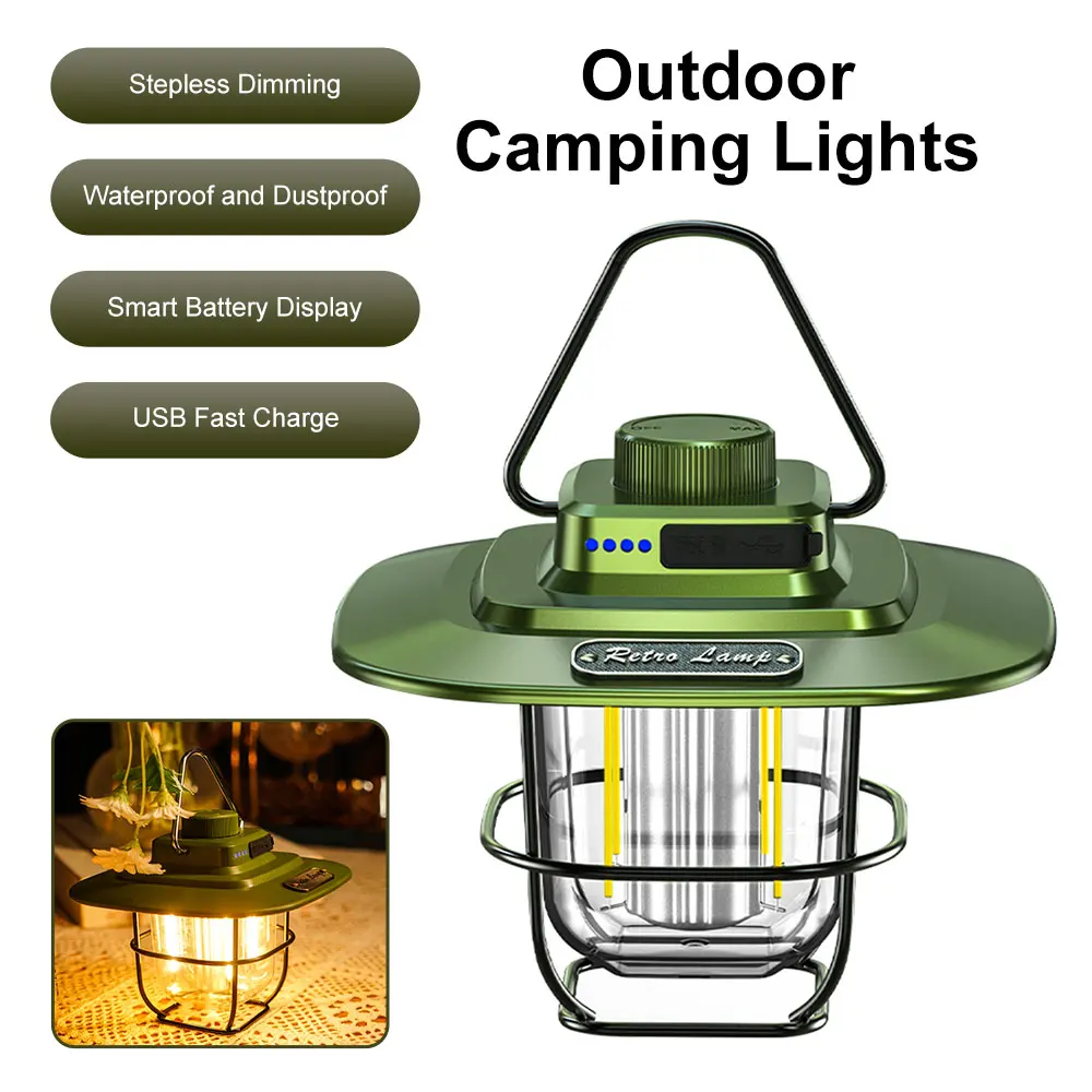 Mini Vintage Metal Hanging Lanterns 2000mAh Portable Camping Lamp USB Rechargeable Waterproof Outdoor Garden Lamp Tent Light