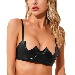 Womens Underwired Bra Tops V-Notch Wet Look Patent Leather Bra Lingerie Underwear Sexy Ultra-Thin Bralette Deep V Bra Brassiere