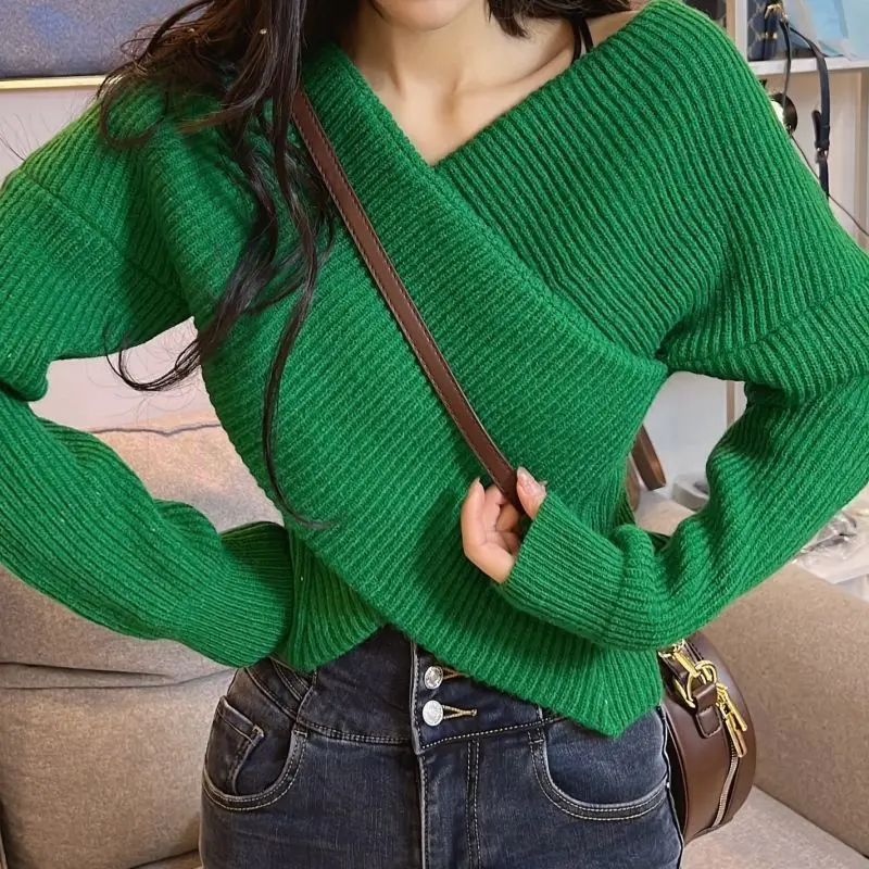 Klein Blue Off Shoulder Sweater Women's Spring and Autumn Design Sense Small Cross Top Premium Unique Knitwear