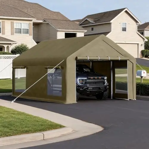 12x20 FT Heavy Duty Carport Canopy with Sidewalls, Khaki | Portable Garage with 200g PE Waterproof Tarp, Car Port with