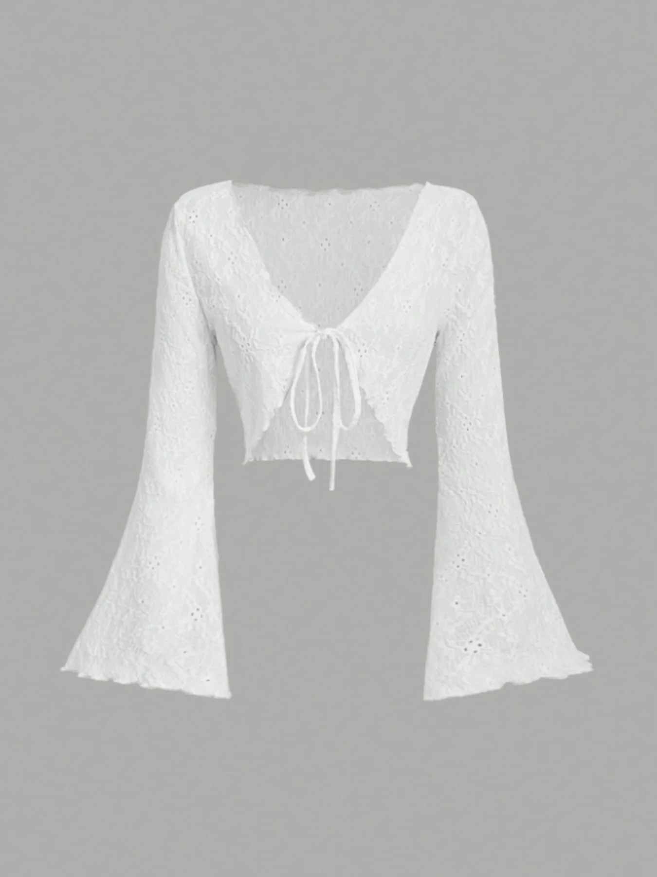 Damen-Cardigan mit Ösen-Spitze, ausgestellten Ärmeln, vorne gebunden, V-Ausschnitt, gewelltem Saum, einfarbig Schwarz, Sommer-Überwurf-Top – Detail 3