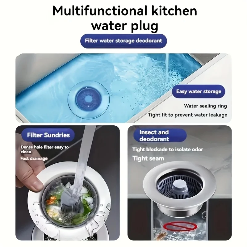 3 in 1 Pop Up ABS Silver Plated Sink Kitchen Filter Sink Strainer Drain Basket Stopping Blockage Bouncing Core Leak-proof Plug