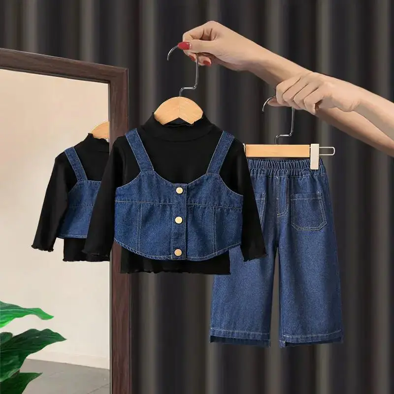 

Baby Girls Sets Kids Denim Strappy Suit Spring Fashion Tops Pants 3 Piece Autumn New Casual Outfit Children's Sweet Clothes