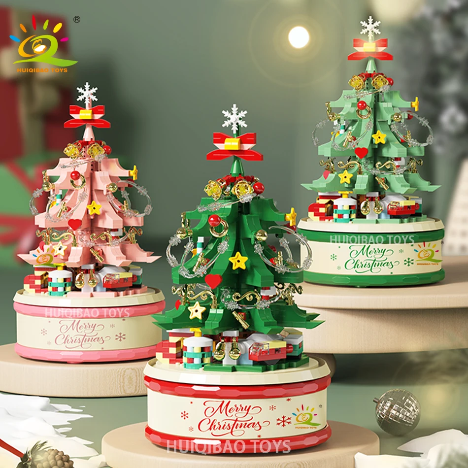 HUIQIBAO enfants arbre de noël père noël Mini boîte à musique modèle Micro briques bloc de construction briques à monter soi-même jouets pour cadeau adulte