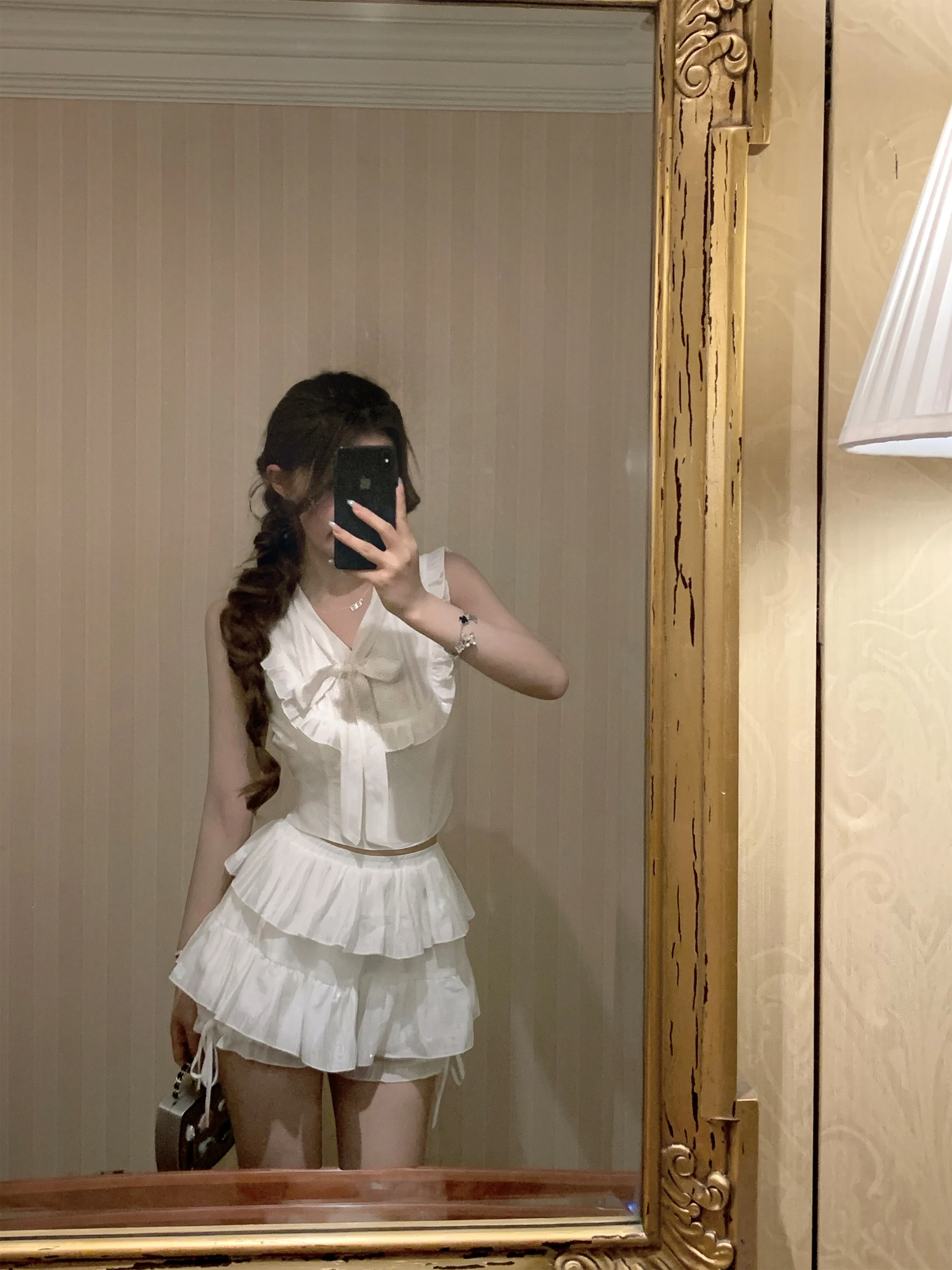 

Chiwawameme White Lace Ice Crystals Shirt Top And Skirt Set Women's Fashion Summer Outfit High Waist Short Sleeve V-Neck