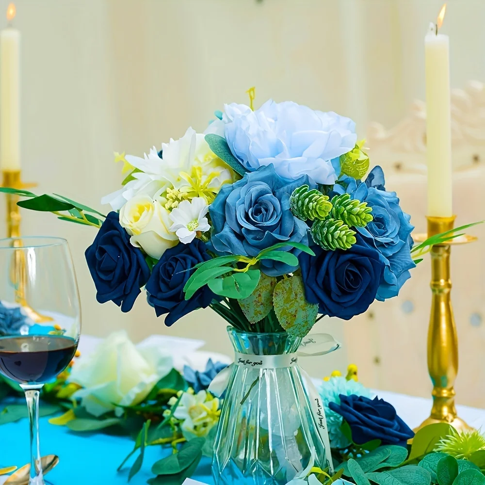 Blue rose artificial flower combination box set, bride bouquet, outdoor/indoor DIY center piece, flowers for decoration