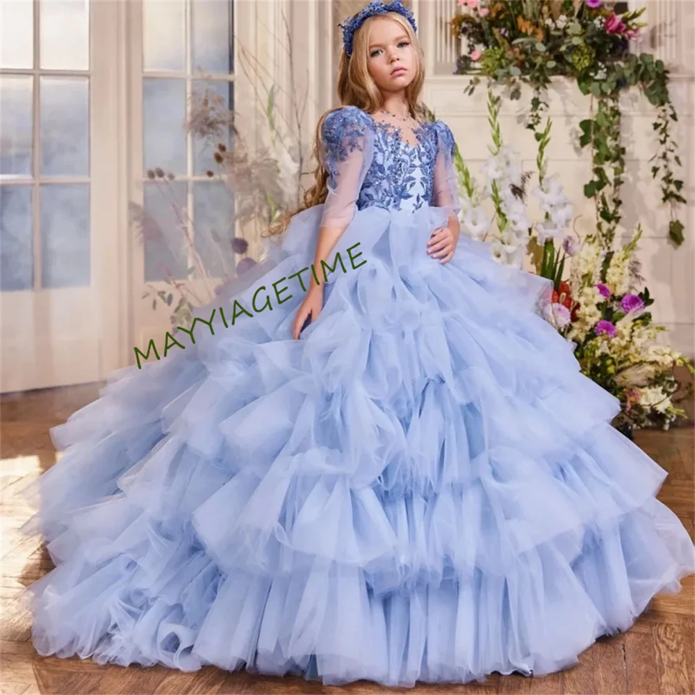 

Flower Girl Dresses Sky Blue Puffy Tiered Cake Appliques With Diamond Half Sleeve For Wedding Eucharistic Birthday Party Gowns