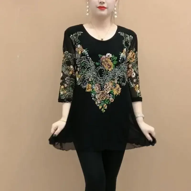 Summer New Women's Pullovers Crew Neck Diamonds Spliced Gauze Three Quarter Fashion All-match Loose Commuter T-shirt Tops XQ765