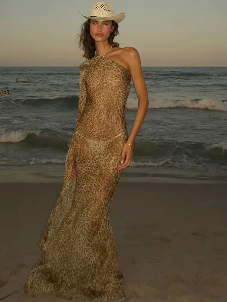 

JULISSA MO Sexy See Through Print Leopard Women Maxi Dress One Shoulder Long Sleeve Dress Summer Slim Elegant Vacation Beachwear