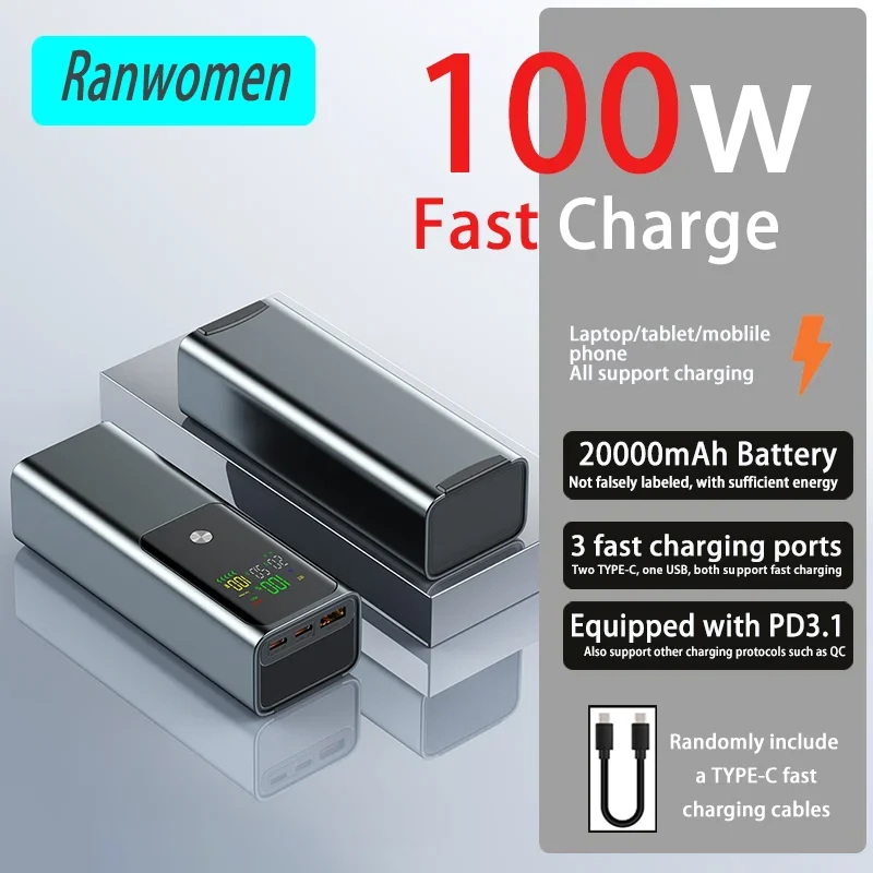 Ranwomen Powerbank 100W 20000mAh PD3.1 Bidirectional Fast Charging Portable Bidirectional For Tablet Laptop Phone Xiaomi Samsung