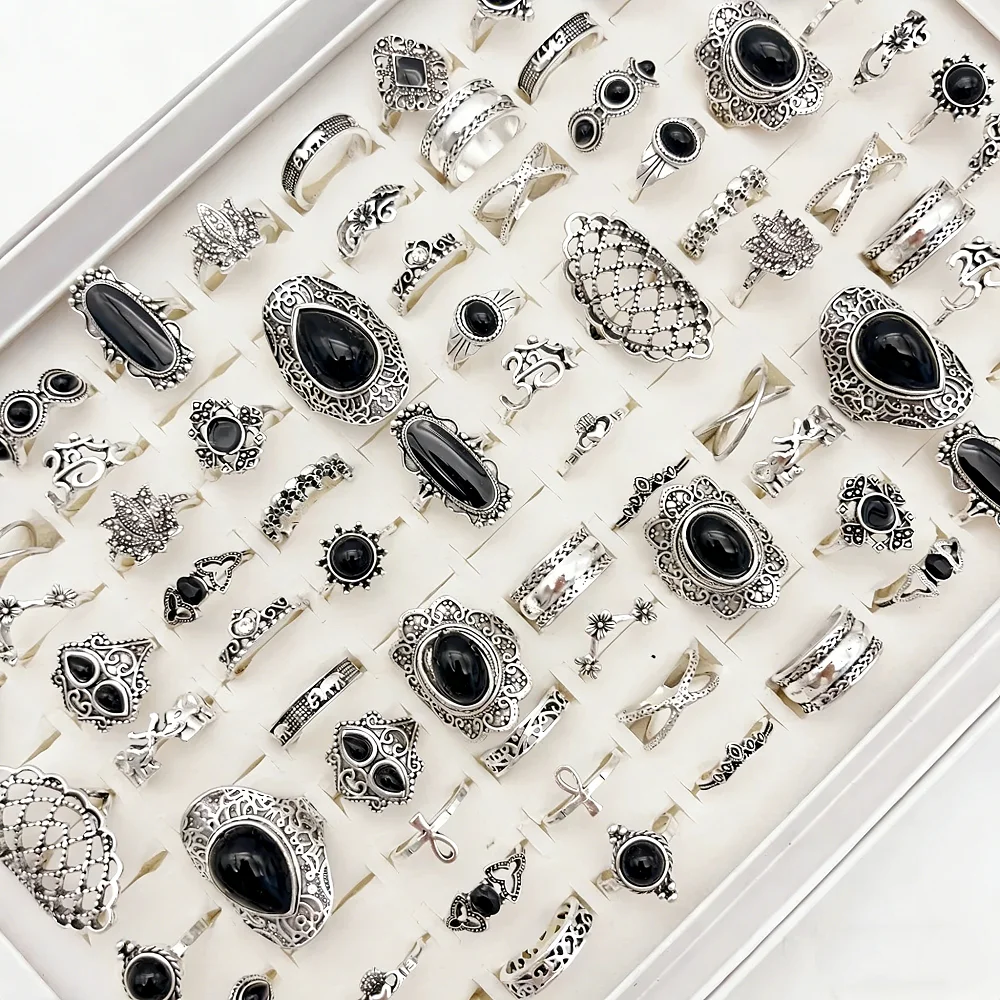  10/20/30/50Pieces Vintage Bohemian Black Stone Hollow Rings Set For Women Mix Style Retro Fashion Geometry Flower Jewelry Gift