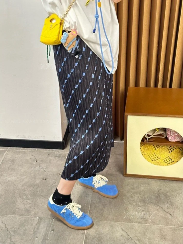 Korean Jupe Fashion Summer Skirts 2026 Faldas Mujer De Moda Elegant Print Loose Saia High Waist Folds Long Skirt Women's Clothes