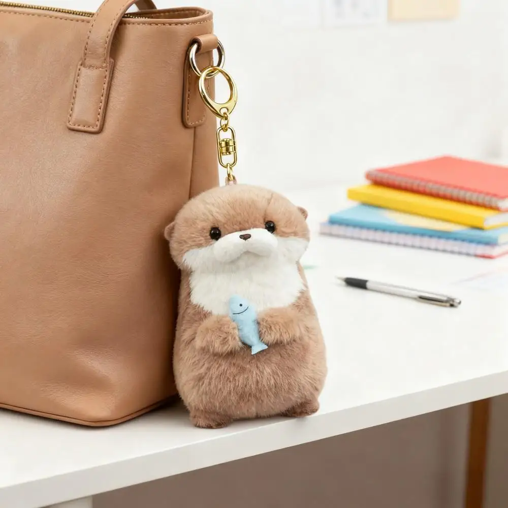 Chaveiro de brinquedo de pelúcia de lontra bonito com peixe-animal kawaii plushie animal de pelúcia abraçando um peixe, presente adorável crianças meninas amigos,