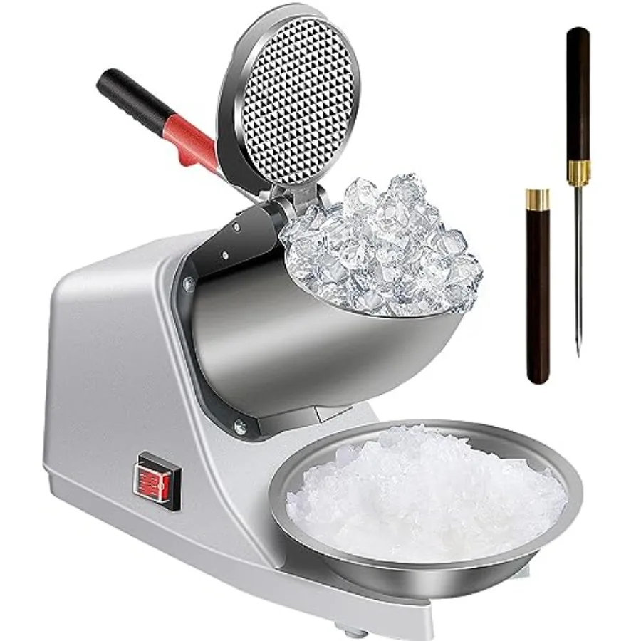 

Home and commercial ice shaver with stainless steel blades, silver finish, 380W motor, 286lbs/hr output, splash-prevention desi