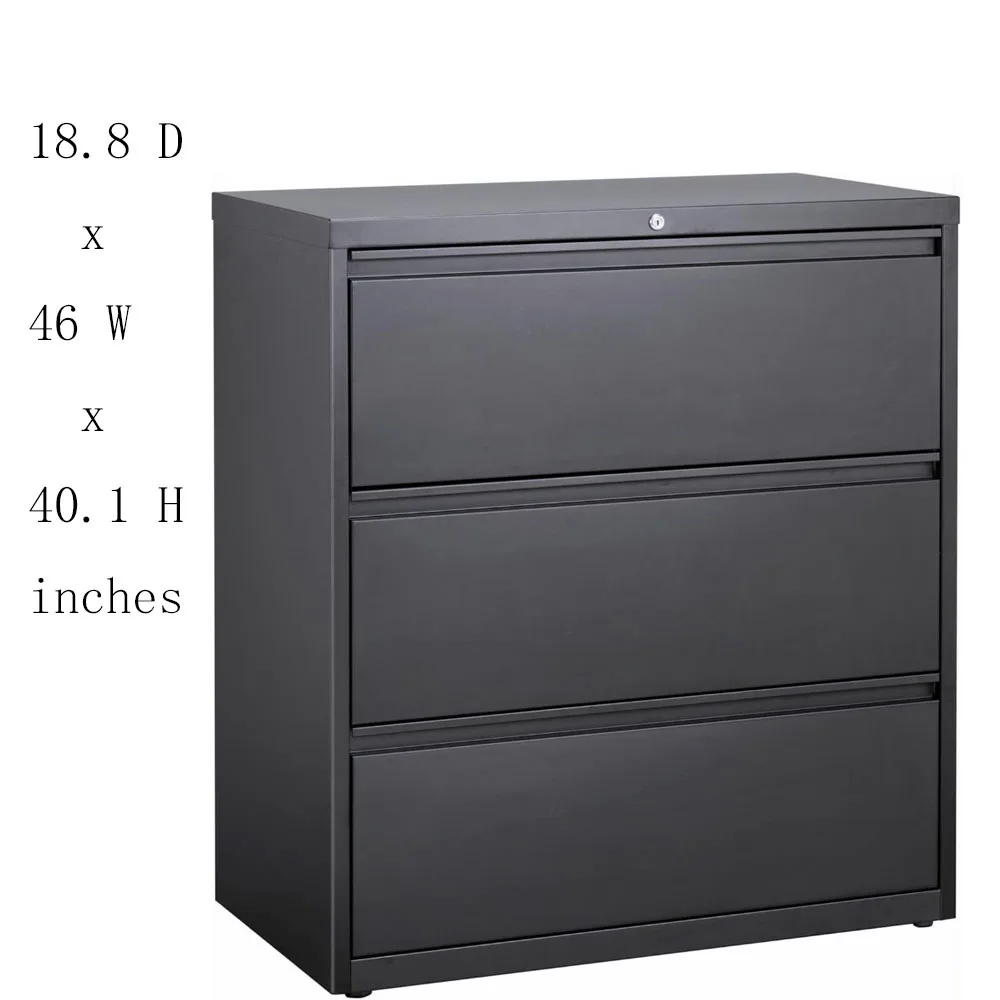 The hanging file drawer is landscaped in charcoal black and measures 18.8 D x 46 W x 40.1 H inches with adjustable rails