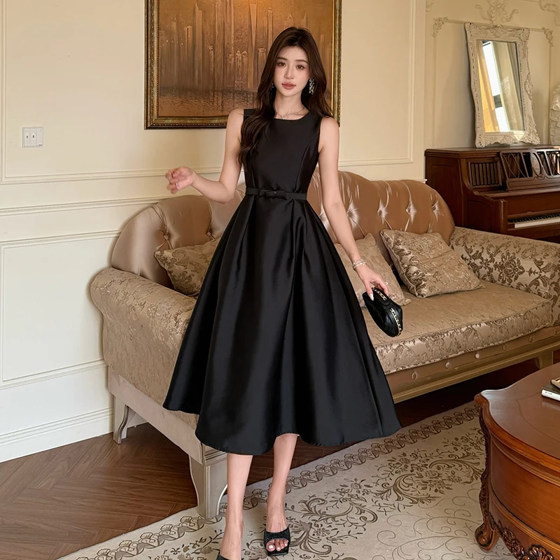 女性エレガントな夏のレトロノースリーブベストサテンスリムロングドレスフォーマルパーティー結婚式