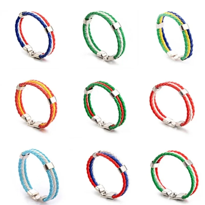 1Pc Women Men Stainless Steel Russian Spain Germany France Italy Argentina National Flag PU Leather Bracelets Handmade Jewelry