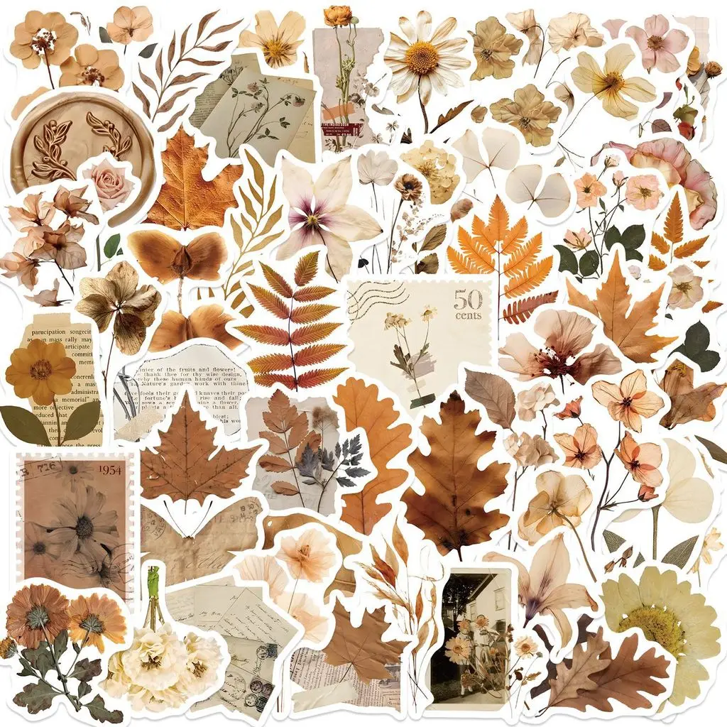 60Pcs Vintage Cartoon Dried Flowers & Leaves Stickers Waterproof Decals for Journal Phone Skateboard Cup Giajar Sticker Store