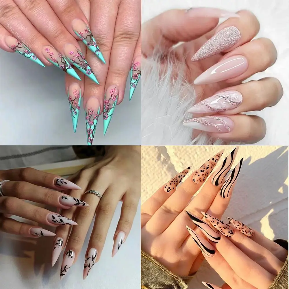 24pcs/Box Artificial Manicure Tool Full Cover Wearable Almond Fake Nails Plum Blossom Stiletto False Nails