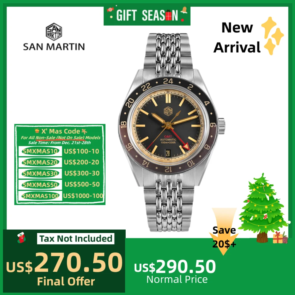 

San Martin Watches 39.5mm Vintage Distressed Bezel NH34 Men Mechancial Watch Beads Of Rice Bracelet C3 Sapphire Relogio SN0116-6