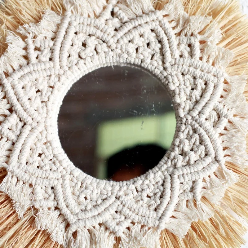 Nordic Straw Woven Hotel Bed And Breakfast Wall Boho Decor Handwoven Mirror Wall Decoration Macrame Decorative Mirror