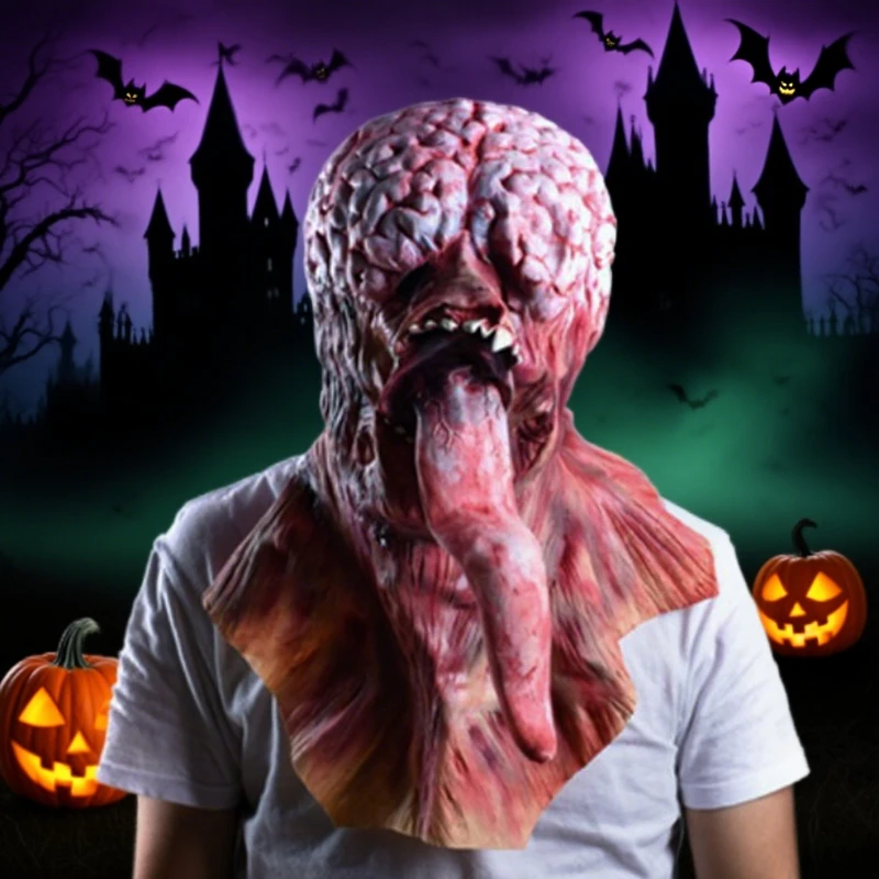 Nuovo copricapo horror di Halloween, maschera monster a lingua lunga, maschera smorfia horror, maschera da demone in lattice monster a lingua lunga.