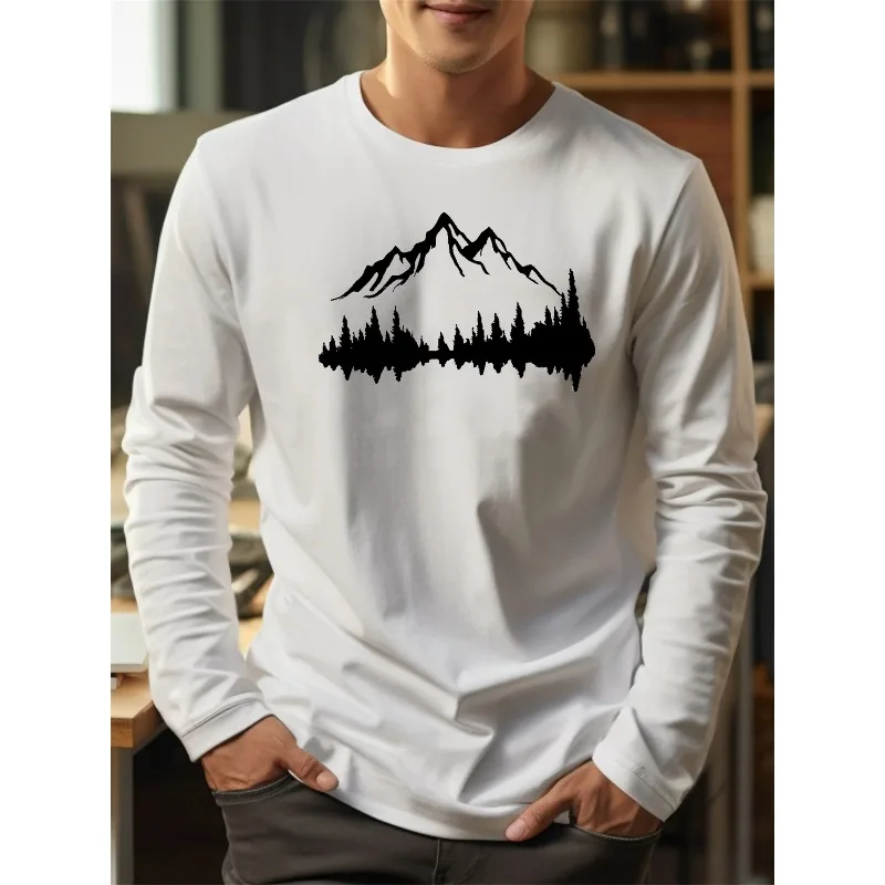 

3D Printed Mountain Reflection Pattern O-neck Long Sleeved Loose and Comfortable Casual Sports Breathable Quick Drying T-shirt