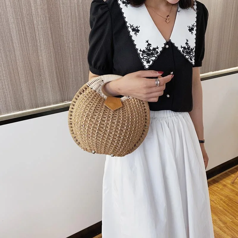 Handmade Woven Rattan Bohemian Beach Vacation Straw Bags Handbags Female Women Shell Solid Color Summer Tote Bag