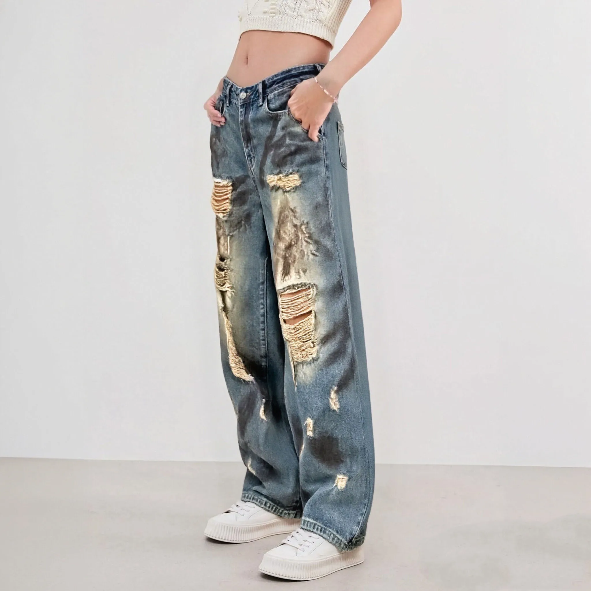 

Женские винтажные синие рваные джинсы Y2k, уличная одежда в стиле Харадзюку, джинсовые брюки, эстетические брюки, японская мусорная одежда 2000-х, 90-х годов