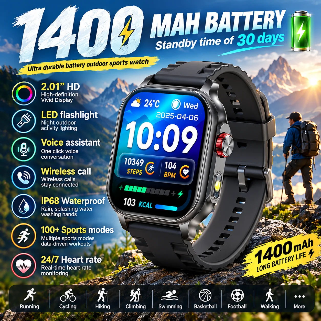 New TANK Ultra Smart Watch Men 1400mAh Battery Military IP68 Waterproof Heart Rate Tactical LED Flashlight Men Sports Bracelet
