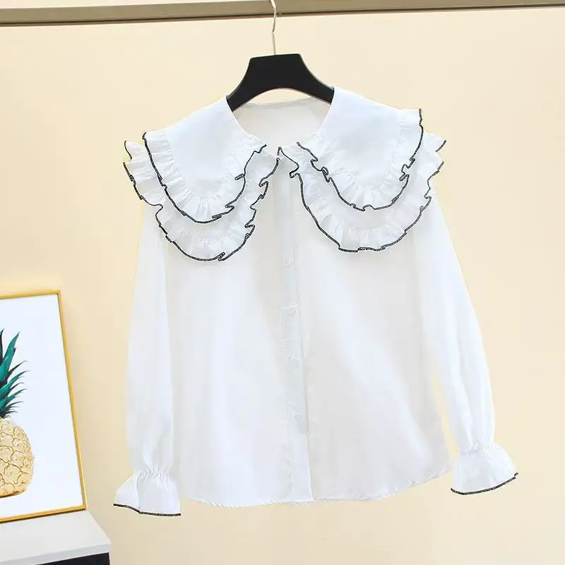 Girls Spring Autumn Shirt New Korean Stylish White Shirt Medium Large Double Layer Doll Collar Long Sleeve Trendy