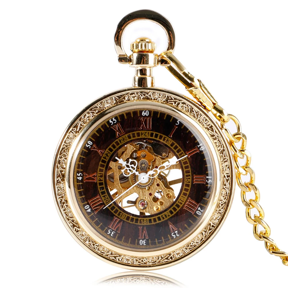 Gold Retro Mechanical Pocket Watch Red Copper Roman Numerals Open Face Dial Antique Pendant Pocket Clock Gift Men With Chain