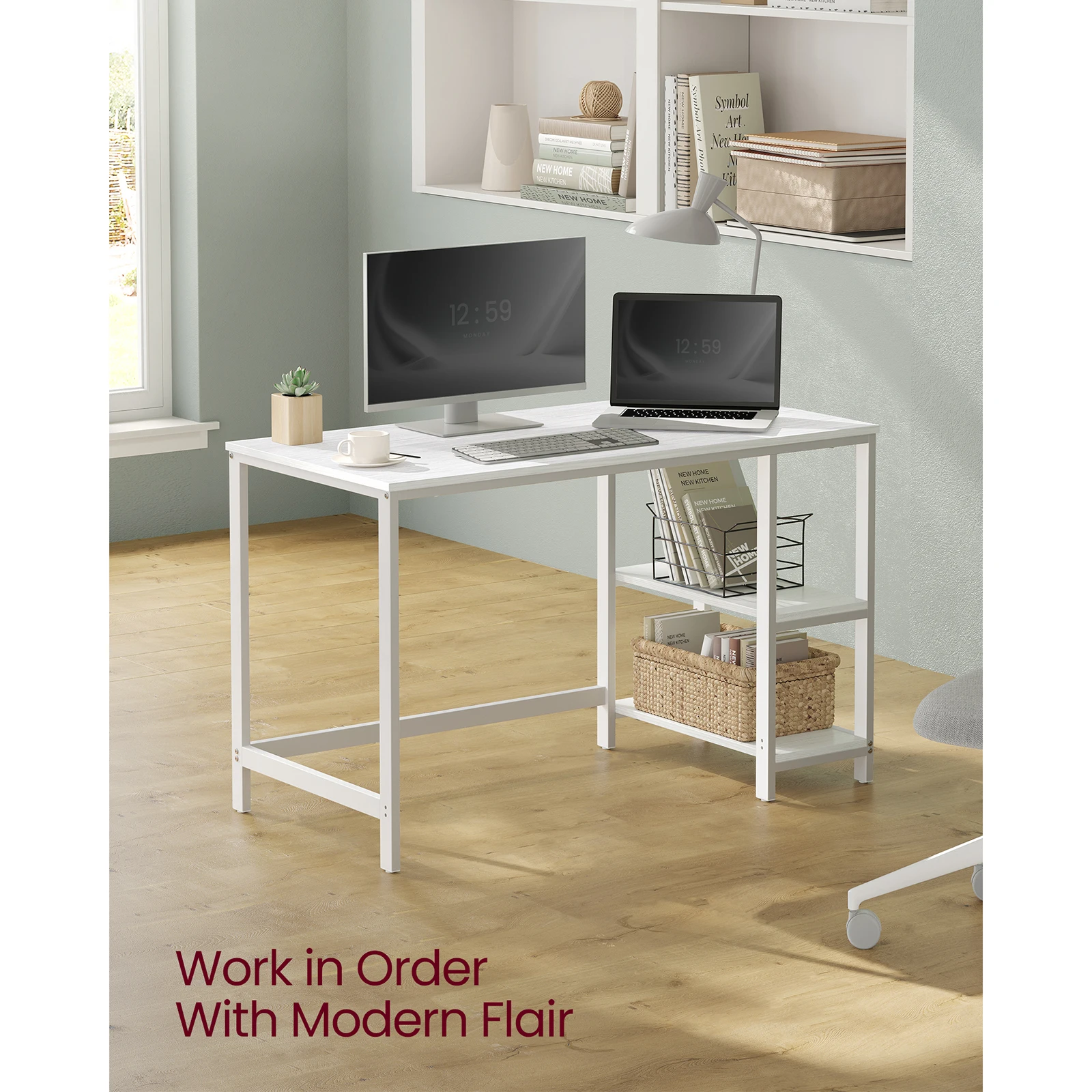 VASAGLE Computer Desk, Writing Desk with 2 Shelves on Left or Right, Work Table for Office Living Room, Steel Frame, Modern