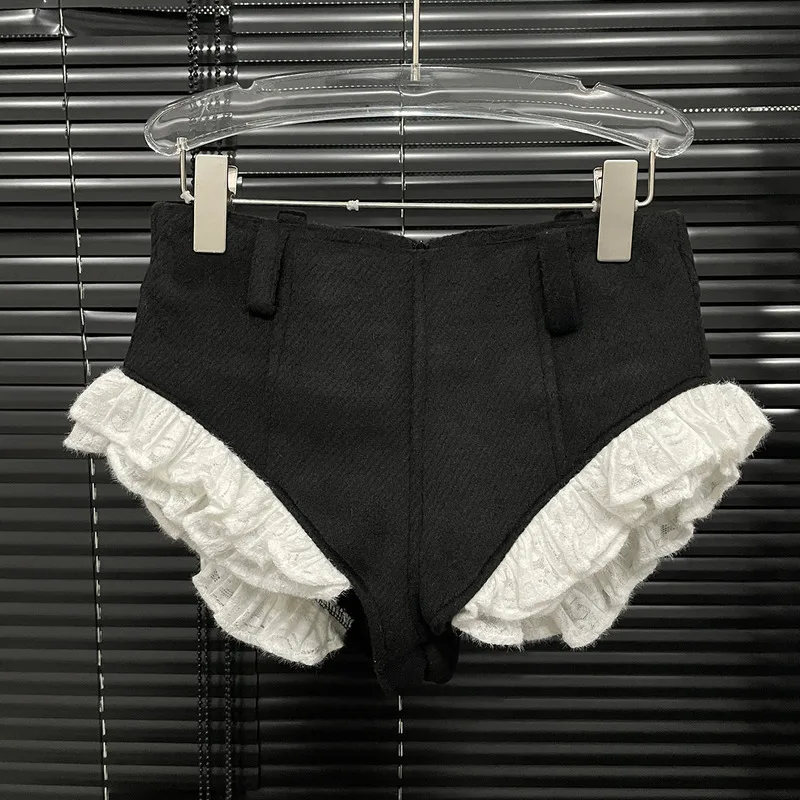 WTHT New Fashion Women's 2025 Spring Suits Lapel Spliced Wrinkled Edge Woolen Blazer High Waist Short Pants Set Female 1LS645